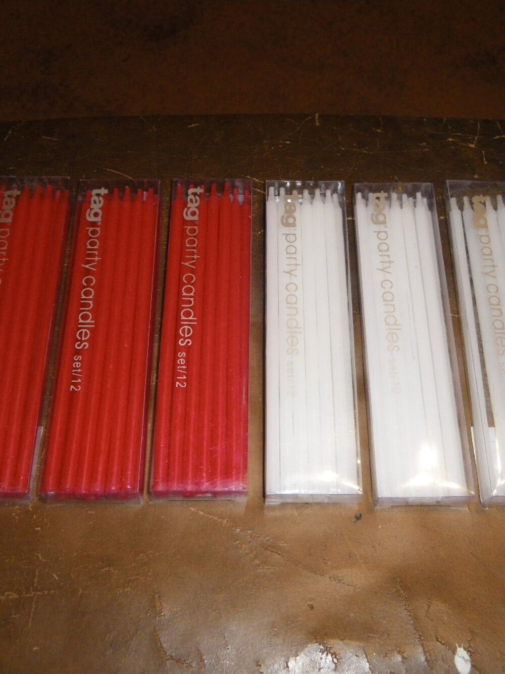 5 Tag Party Candles Sets of 12 - Red & White 6” Tall + Half Pack